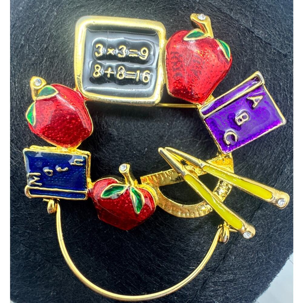Teacher, Educator brooch with wire to hold charms, enamel, gold-toned